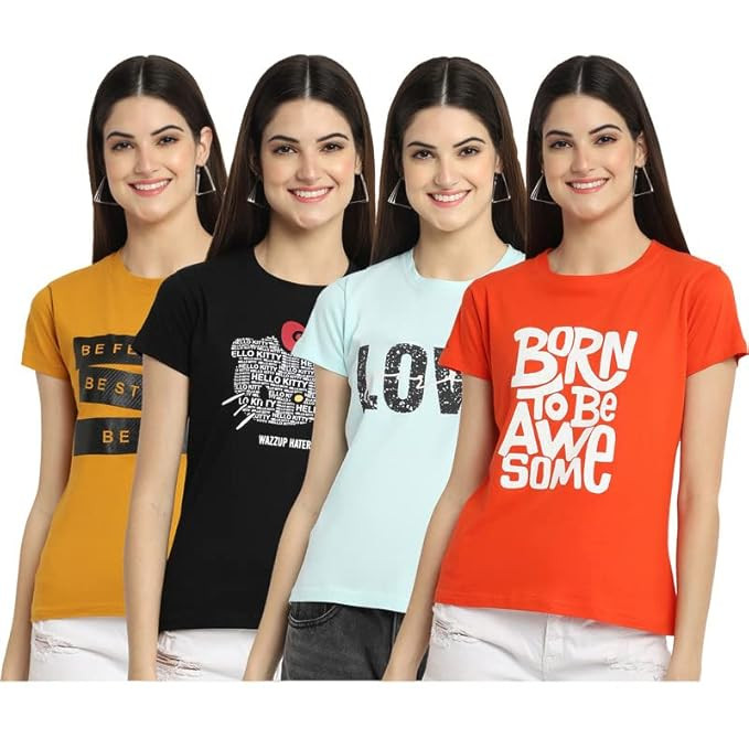 Preneum Women's Cotton Regular Fit Latest Graphic Stylish Printed Short Sleeves Casual T-Shirt || Trends & Stylish (Pack 4)