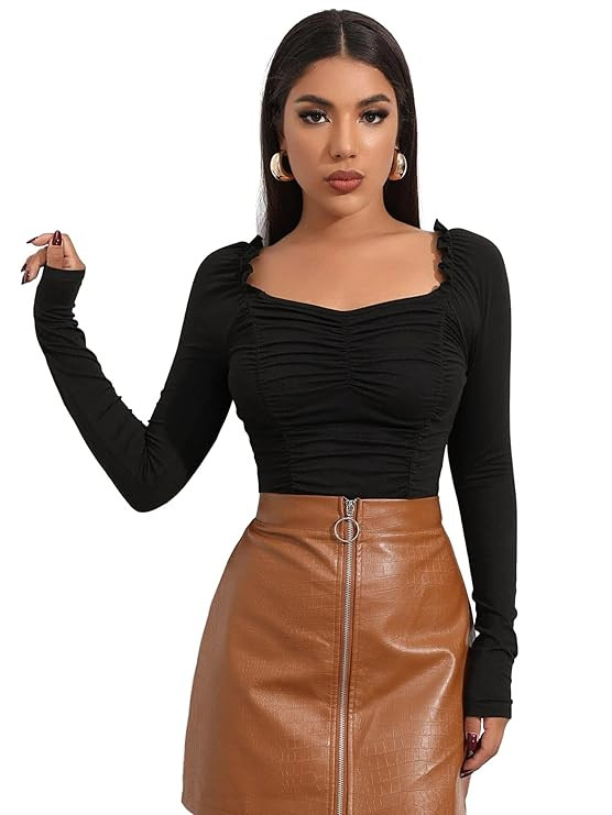 Shasmi Women's & Girl's Polyester Slim Fit Full Sleeve, Sweat Hear Neck, Frill Trim Ruched Crop Top